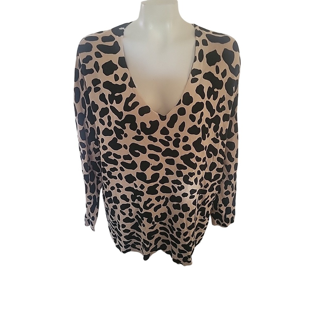 INC International Concepts Leopard Print V Neck Long Sleeve Sweater Top 2X retro